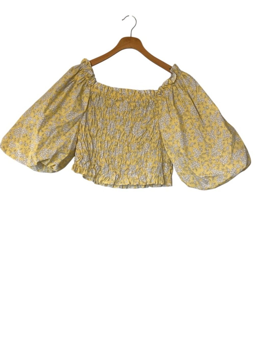 Puff Sleeve Floral Smocked Off-Shoulder Crop Top Size L Cotton Poplin Yellow